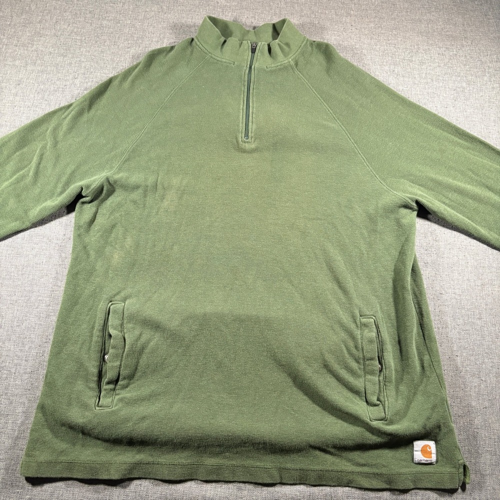 Carhartt Quarter Zip Pullover Mens XL Green Waffle Knit K346 FTG Pocket Sweater - Picture 2 of 9